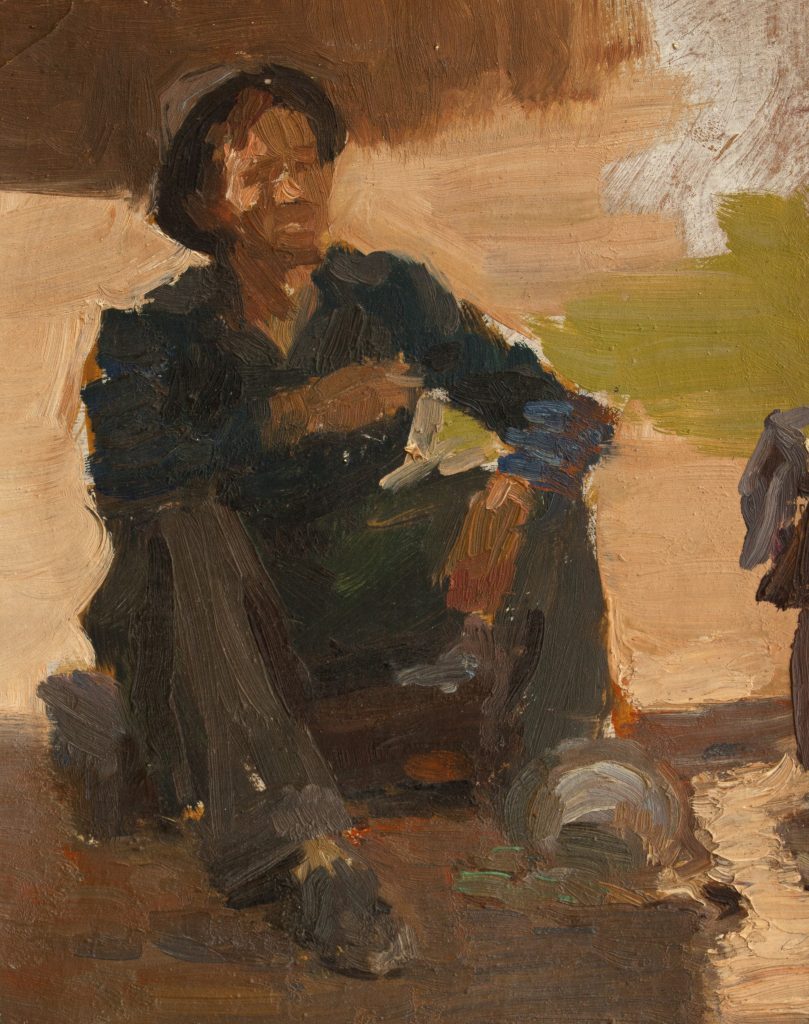 Bărbat șezând. Studiu pentru lucrarea „Tractoriştii” 1952 Ulei pe carton, 24 x 19.6 cm Colecția familiei